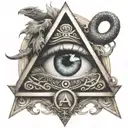 illuminati eye inside a triangle with medusa snakes covering the borders and a dragon wrapping the traingle   tattoo design idea