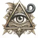 illuminati eye inside a triangle with medusa snakes covering the borders and a dragon wrapping the traingle   tattoo design idea