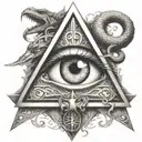 illuminati eye inside a triangle with medusa snakes covering the borders and a dragon wrapping the traingle   tattoo design idea