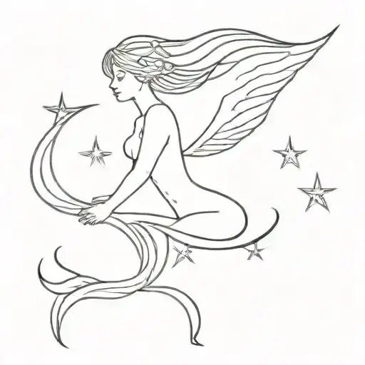 mermaid with wings dainty reaching for sparkle stars tattoo design idea