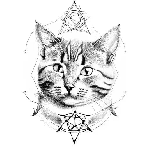 A cute cat with a pentagram at his forehead. tattoo design idea