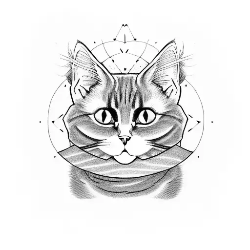 A cat, with cute eyes, and in his head a pentagram. tattoo design idea