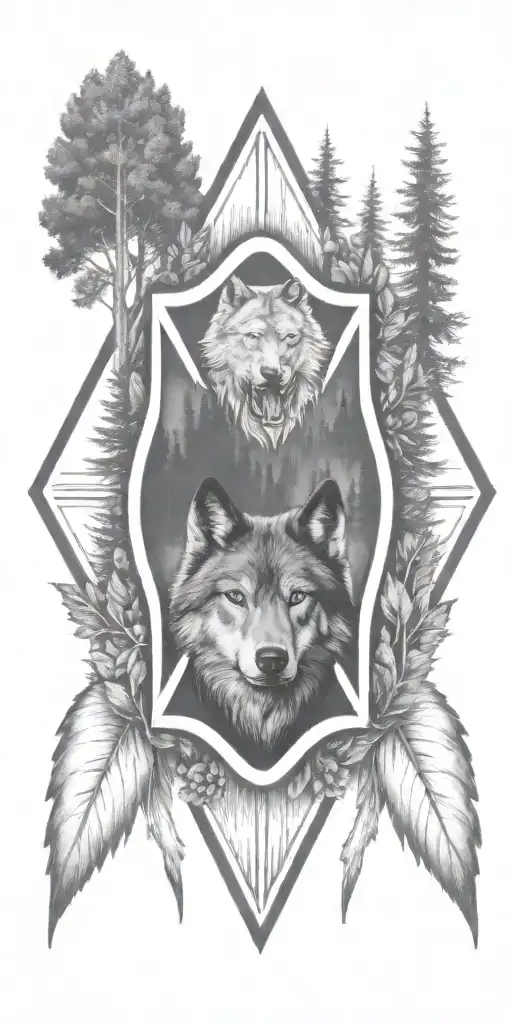 A firefighter emblem surrounded by wolf and woods  tattoo design idea