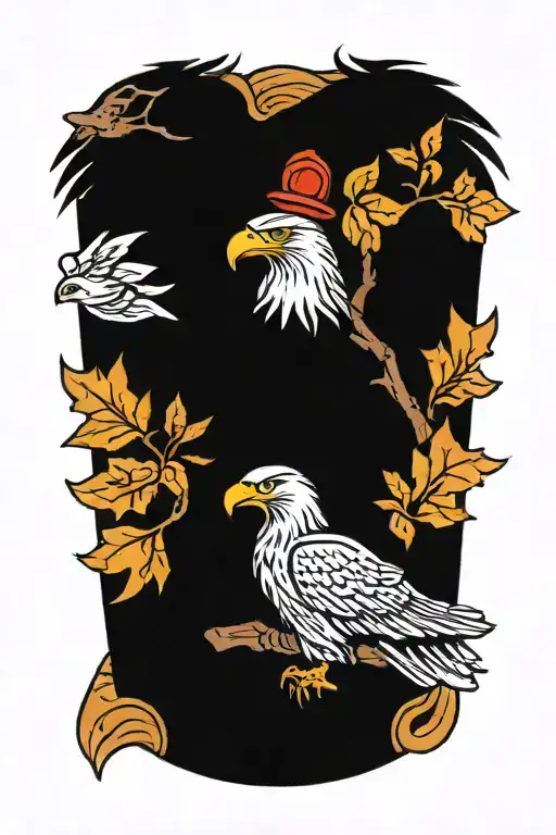 A traditional style tattoo featuring an eagle perched on a tree with a subtle firefighter emblem in the background tattoo design idea