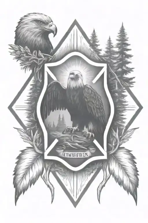 A firefighter emblem surrounded by nature elements like trees and eagle tattoo design idea