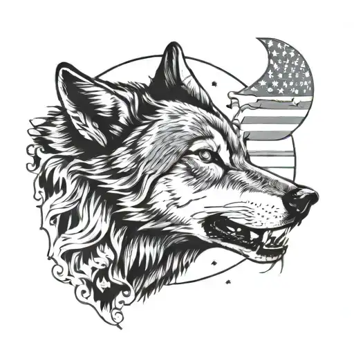 A black and grey image of a wolf howling at the moon with an American flag unfurling in the background tattoo design idea
