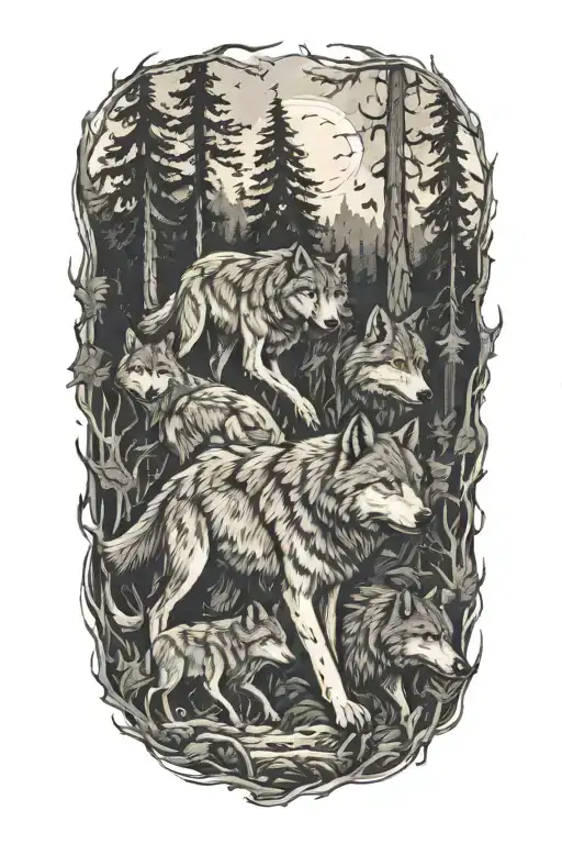 A pack of wolves running through a forest, with a line of fire trucks driving alongside them tattoo design idea