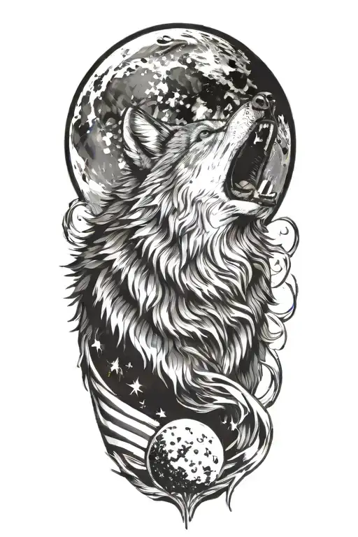 A black and grey image of a wolf howling at the moon with an American flag unfurling in the background tattoo design idea