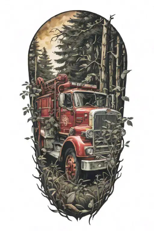 fire truck overgrown woods  tattoo design idea