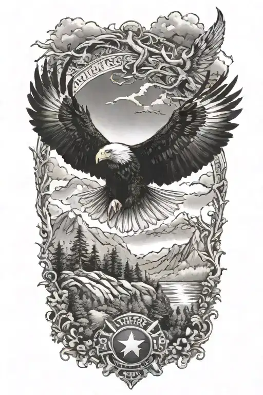 A majestic eagle soaring over a forest landscape with a firefighter emblem incorporated into the design tattoo design idea