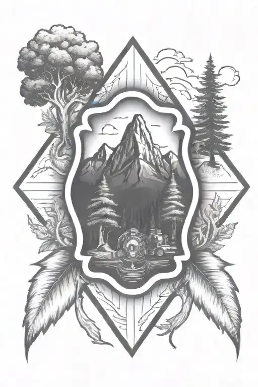 A firefighter emblem surrounded by nature elements like trees and mountains in color  tattoo design idea