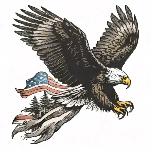 An eagle soaring through a forest fire with the American flag waving in the wind tattoo design idea