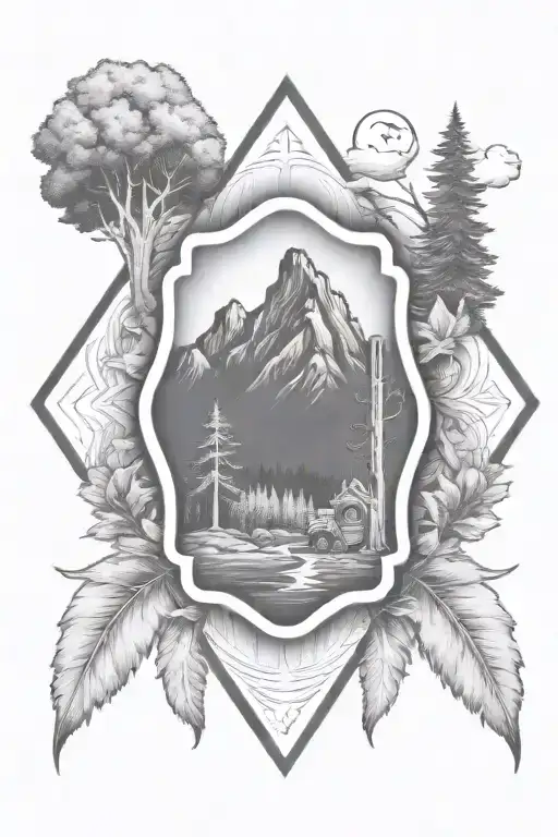 A firefighter emblem surrounded by nature elements like trees and mountains tattoo design idea