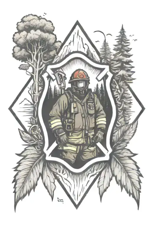 A firefighter emblem surrounded by nature element like forest tattoo design idea