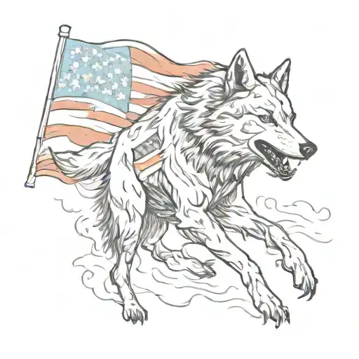 A sketch of a wolf running through a forest with an American flag draped over its back tattoo design idea