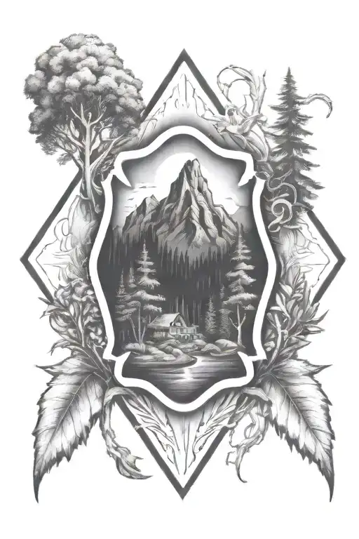 A firefighter emblem surrounded by nature elements like trees and mountains tattoo design idea