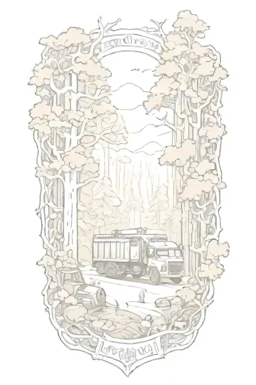 An intricate design of a forest scene with hidden images of trucks and firefighting equipment intertwined throughout tattoo design idea