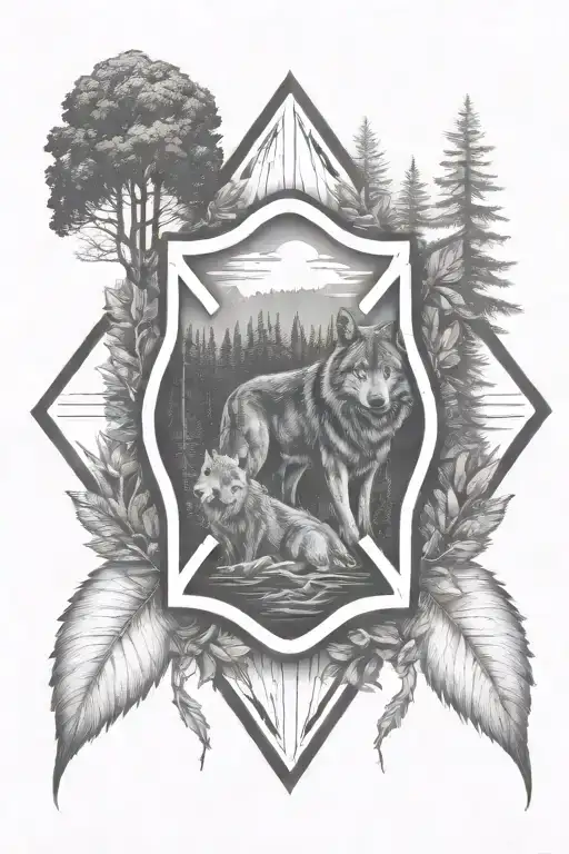 A firefighter emblem surrounded by nature elements like trees and wolves tattoo design idea