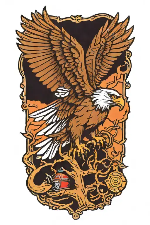 A traditional style tattoo featuring an eagle perched on a tree with a subtle firefighter emblem in the background tattoo design idea