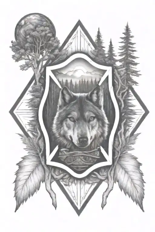 A firefighter emblem surrounded by wolf and woods  tattoo design idea