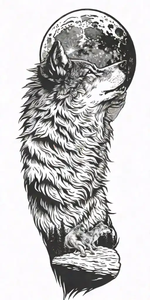 A black and grey image of a wolf howling at the moon with an American flag unfurling in the background tattoo design idea
