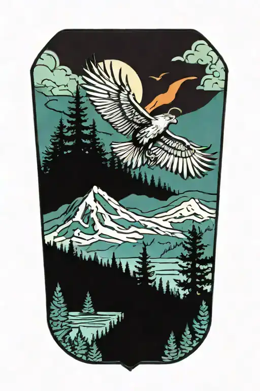A traditional tattoo of a firefighter emblem surrounded by classic nature elements like trees and mountains, with an eagle soaring above tattoo design idea