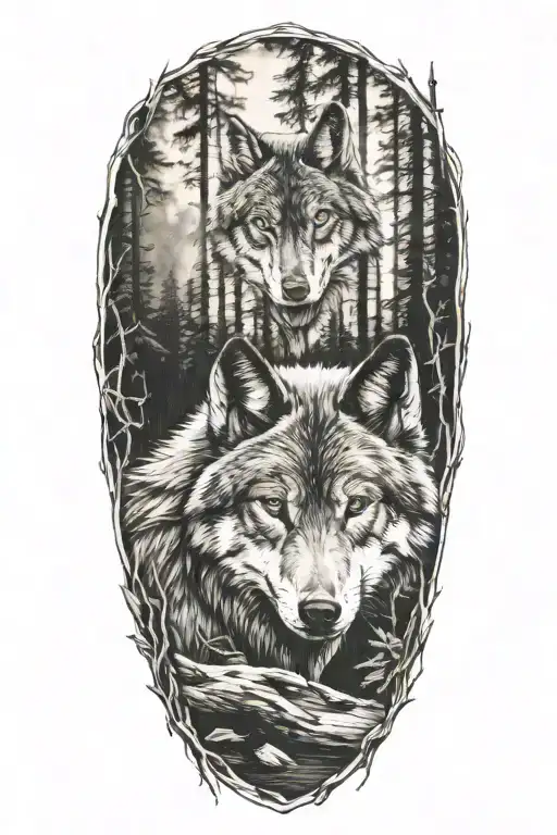 wolf in woods tattoo design idea
