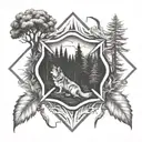 A firefighter emblem surrounded by nature elements like trees and wolves tattoo design idea