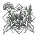 A firefighter emblem surrounded by nature elements like trees and wolves tattoo design idea