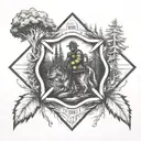 A firefighter emblem surrounded by nature elements like trees and wolves tattoo design idea