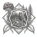 A firefighter emblem surrounded by nature elements like trees and wolves tattoo design idea