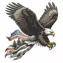An eagle soaring through a forest fire with the American flag waving in the wind tattoo design idea
