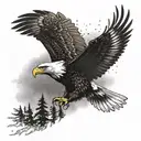 An eagle soaring through a forest fire with the American flag waving in the wind tattoo design idea
