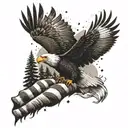 An eagle soaring through a forest fire with the American flag waving in the wind tattoo design idea