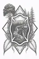 A firefighter emblem surrounded by nature elements like trees and wolves tattoo design idea