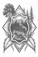 A firefighter emblem surrounded by nature elements like trees and wolves tattoo design idea