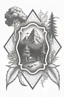 A firefighter emblem surrounded by nature elements like trees and mountains tattoo design idea