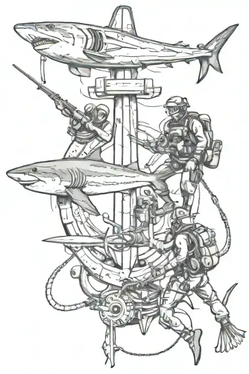 US Navy anchor with diver and shark swimming tattoo design idea