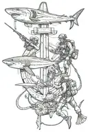 US Navy anchor with diver and shark swimming tattoo design idea