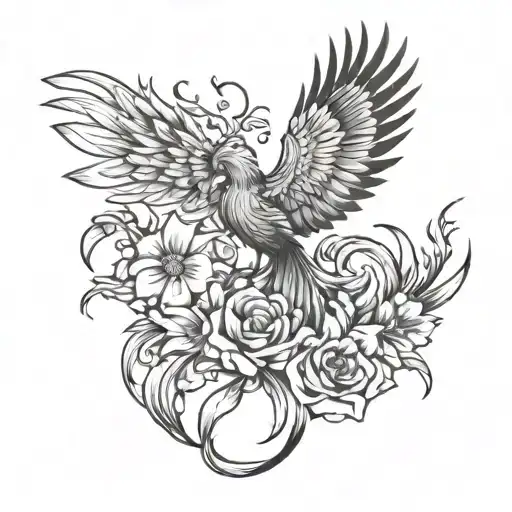 phoenix and flowers intertwined tattoo design idea