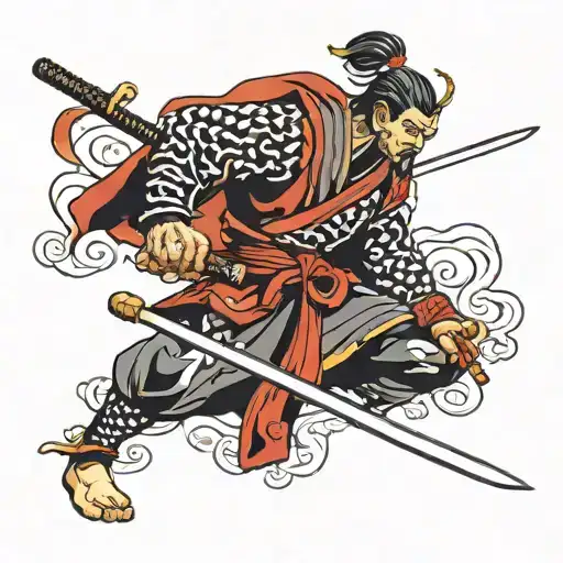 male samurai ninja coming out of two crossed swords tattoo design idea