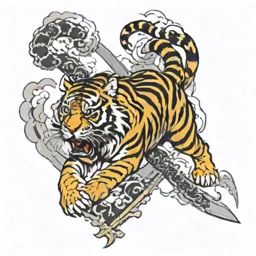 tigers coming out of crossed swords crossing tattoo design idea