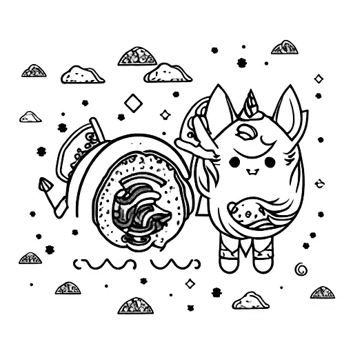A playful scene of a taco and a unicorn gaming together tattoo design idea