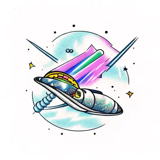 A taco-shaped spaceship flying through a galaxy filled with gaming symbols and unicorns tattoo design idea
