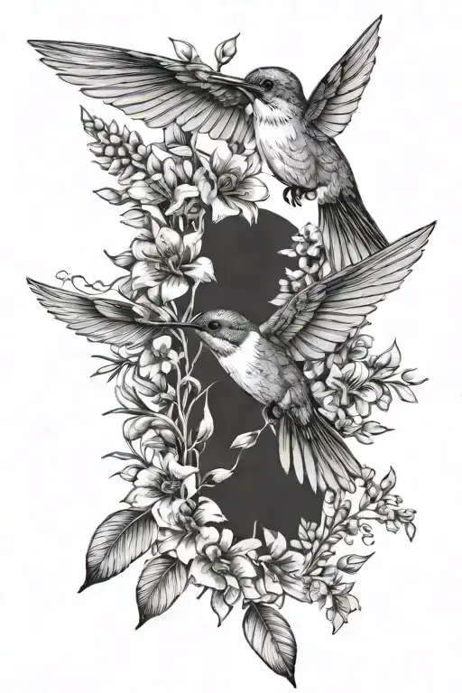 wildflowers, hummingbird flying, feather, boho style, 1:19, 9:10, 11:40, miller, tattoo design idea