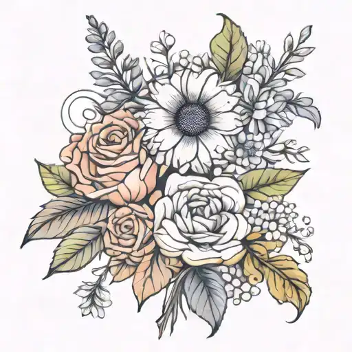 birth month flower bouquet tied. october, july, november, july  tattoo design idea