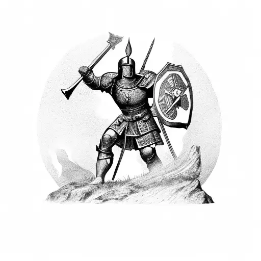 Medieval castle with a Spartan warrior defending it tattoo design idea