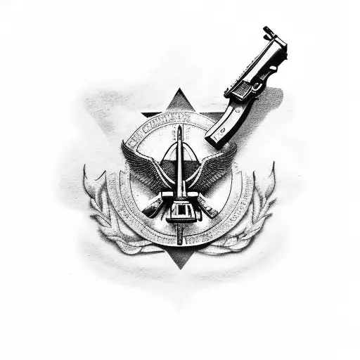 POW MIA logo with a Ruger .44 Magnum revolver and an M16 bayonnet tattoo design idea