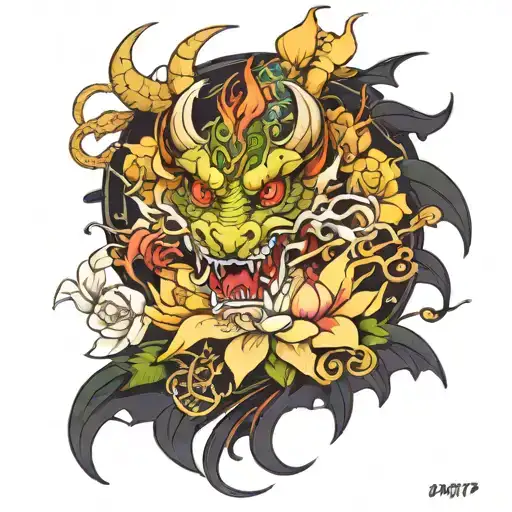 dragon japones con flores de loto tattoo design idea