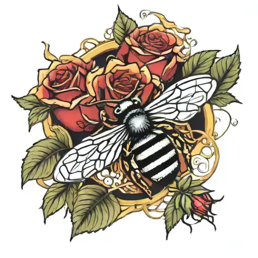 Bees and a red rose intertwined tattoo design idea